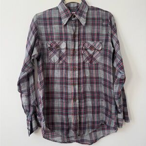 Vintage 70’s Levi's Gray Plaid Button-Down Shirt with Red & Blue Trim